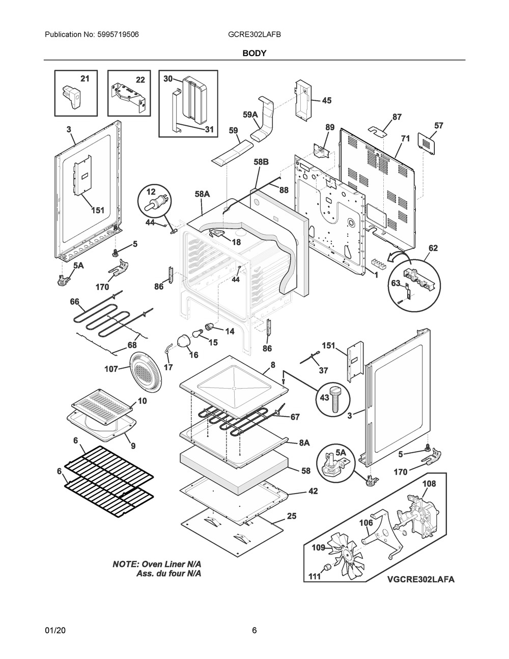 Body Diagram and Parts List for GCRE302LAFB  Frigidaire Range