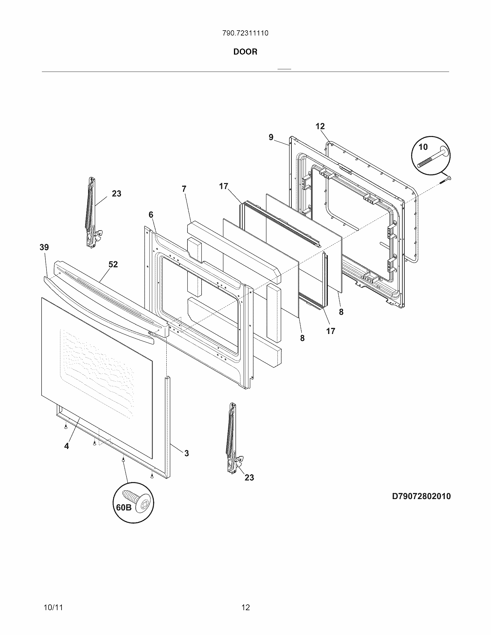 Door Diagram and Parts List for 79072311110  Kenmore Range
