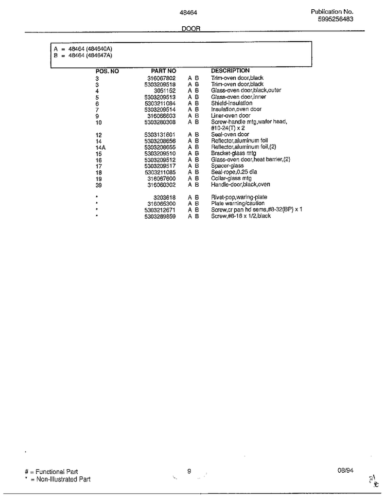Door Page 2 Diagram and Parts List for 484640A  Frigidaire Range