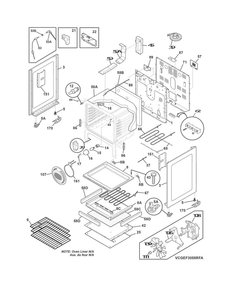 Body Diagram and Parts List for CGEF3058RFA  Frigidaire Range