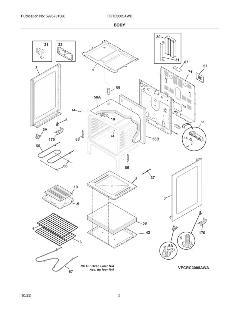 Body Diagram and Parts List for FCRC3005AWD  Frigidaire Range