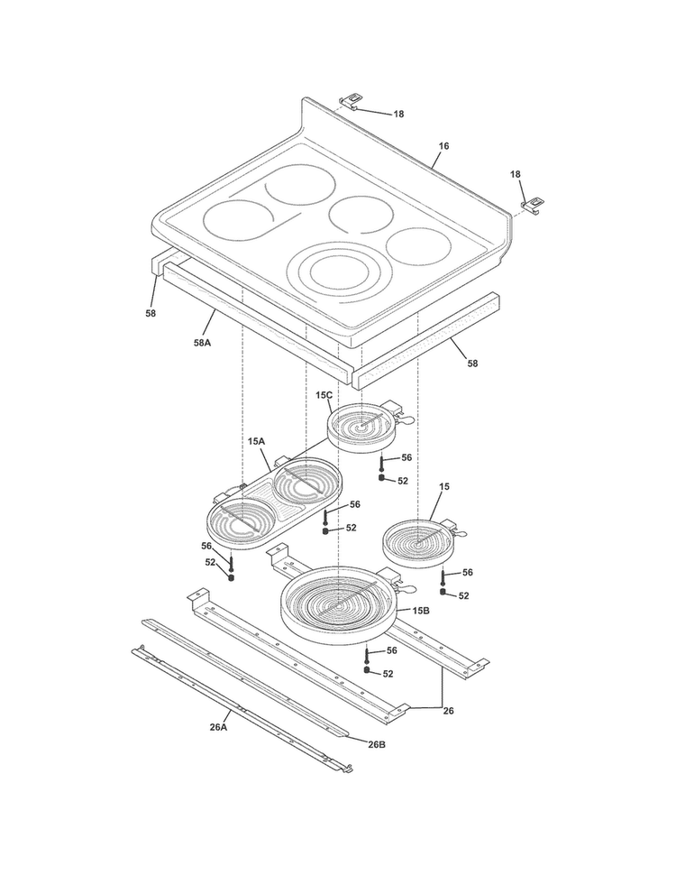 Main Top Diagram and Parts List for CGEF308TNF2  Frigidaire Range