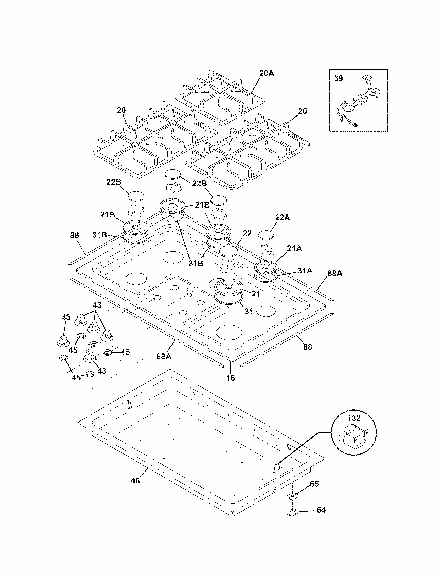 Main Top Diagram and Parts List for 79032244400  Kenmore Cooktop