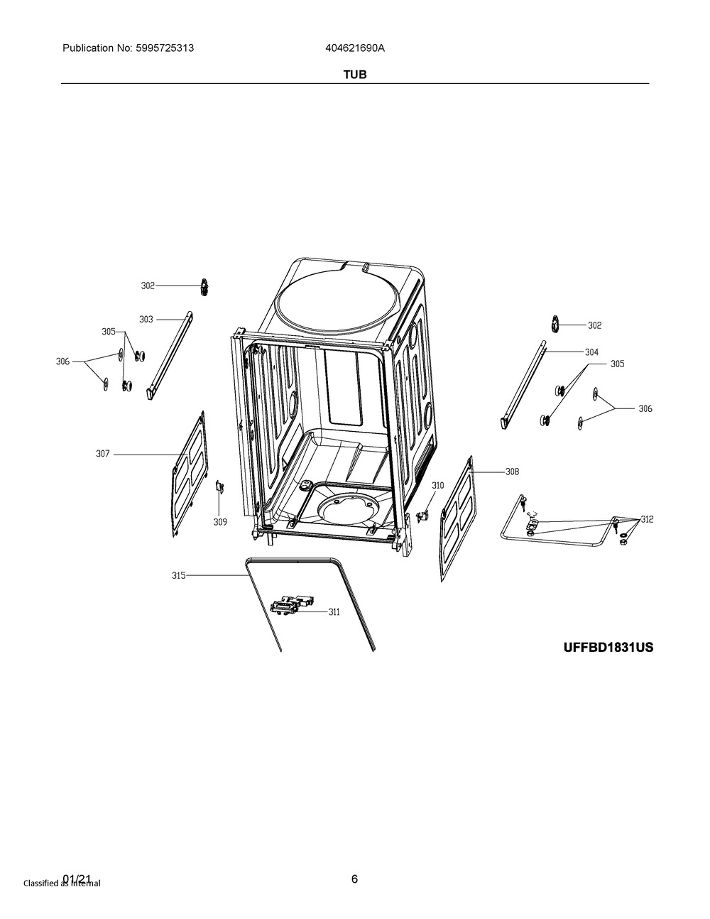 Tub Diagram and Parts List for 404621690A  Frigidaire Refrigerator