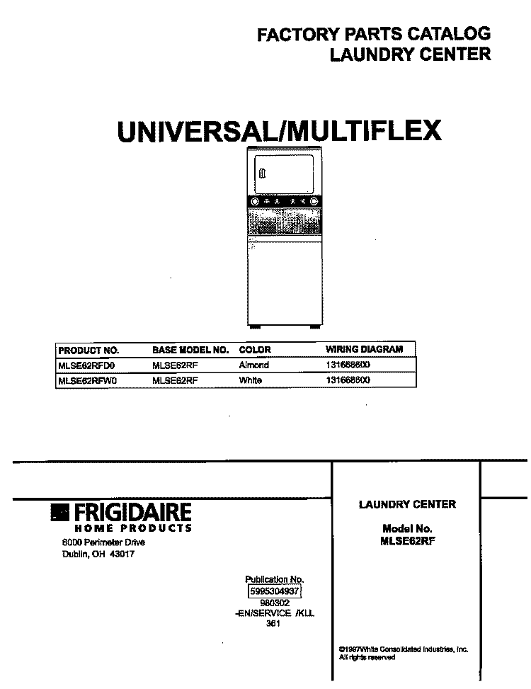 COVER Diagram and Parts List for MLSE62RFD0  Frigidaire Washer Dryer Combo