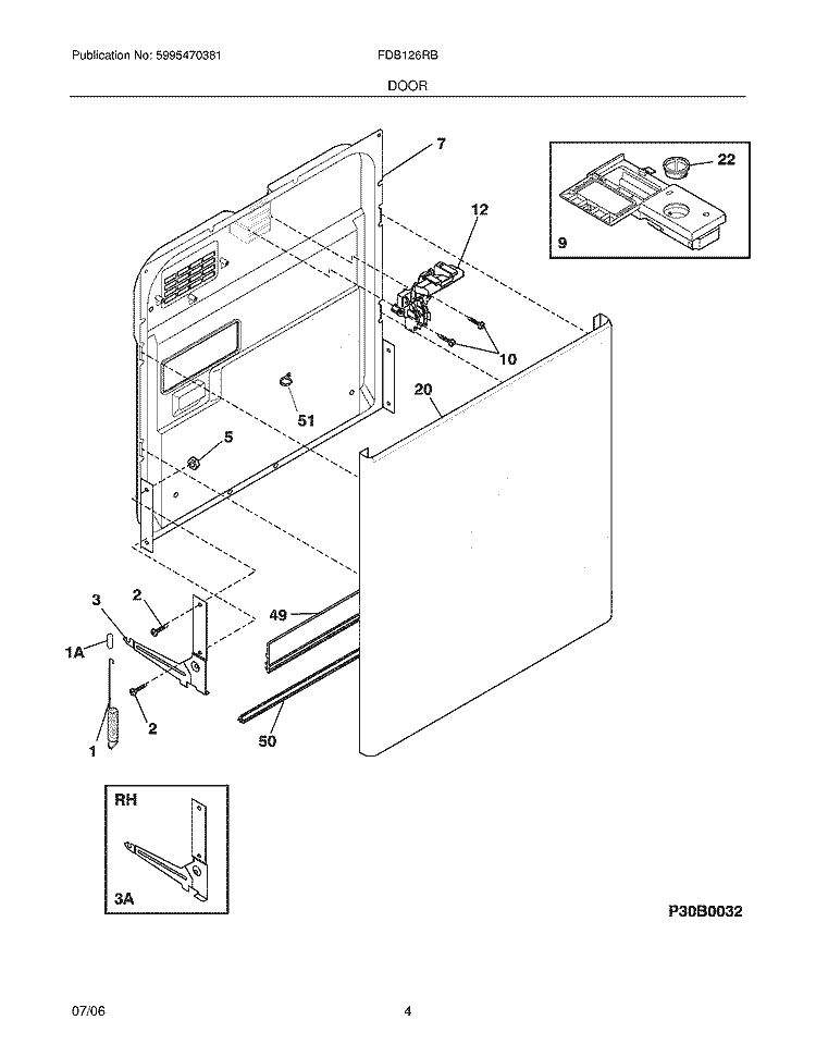 DOOR Diagram and Parts List for FDB126RBS3  Frigidaire Dishwasher