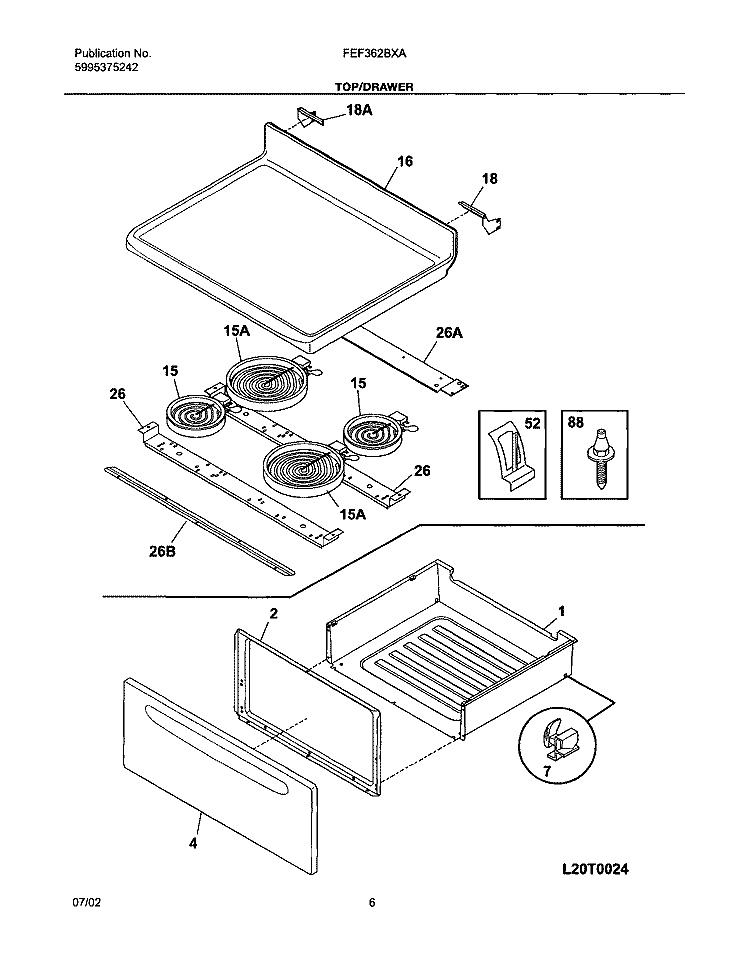 TOP / DRAWER Diagram and Parts List for FEF362BXAWB  Frigidaire Range