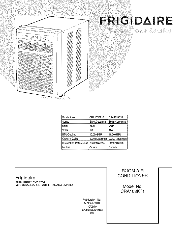 COVER Diagram and Parts List for CRA103KT11  Frigidaire Air Conditioner