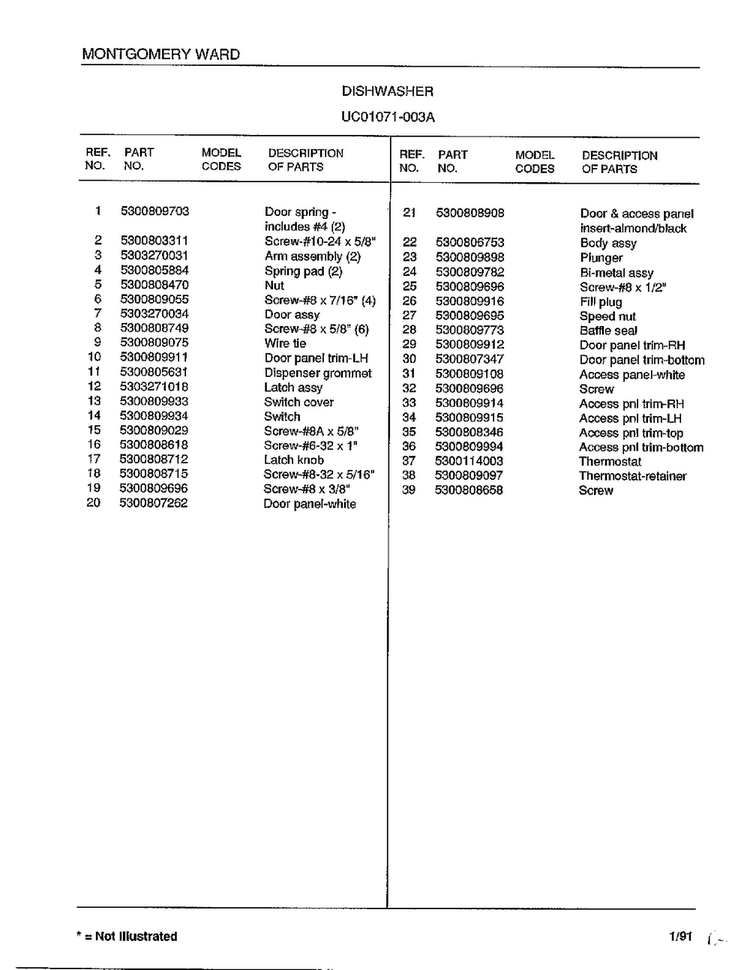 Dishwasher Page 4 Diagram and Parts List for 1071-003A  Frigidaire Dishwasher