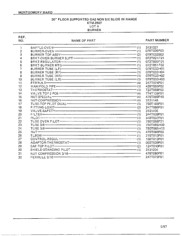 30` Floor/burner Page 2 Diagram and Parts List for 2507A  Frigidaire Range