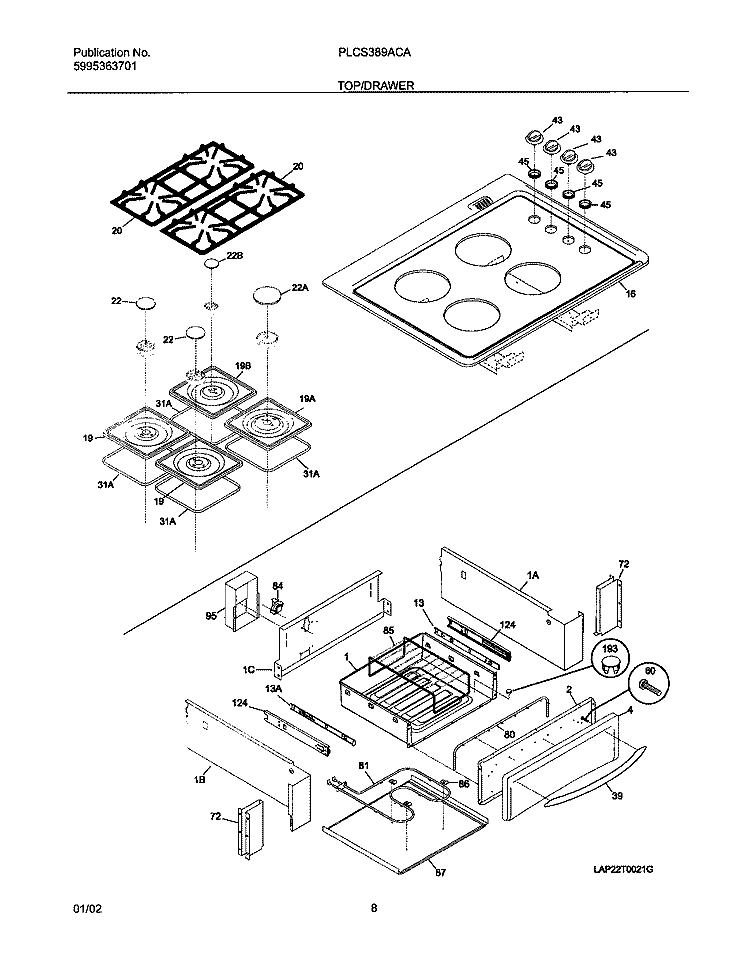 TOP / DRAWER Diagram and Parts List for PLCS389ACA  Frigidaire Range