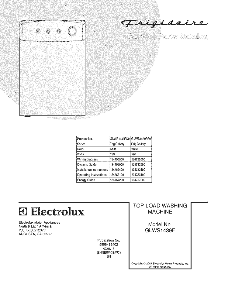 COVER Diagram and Parts List for GLWS1439FS0  Frigidaire Washer