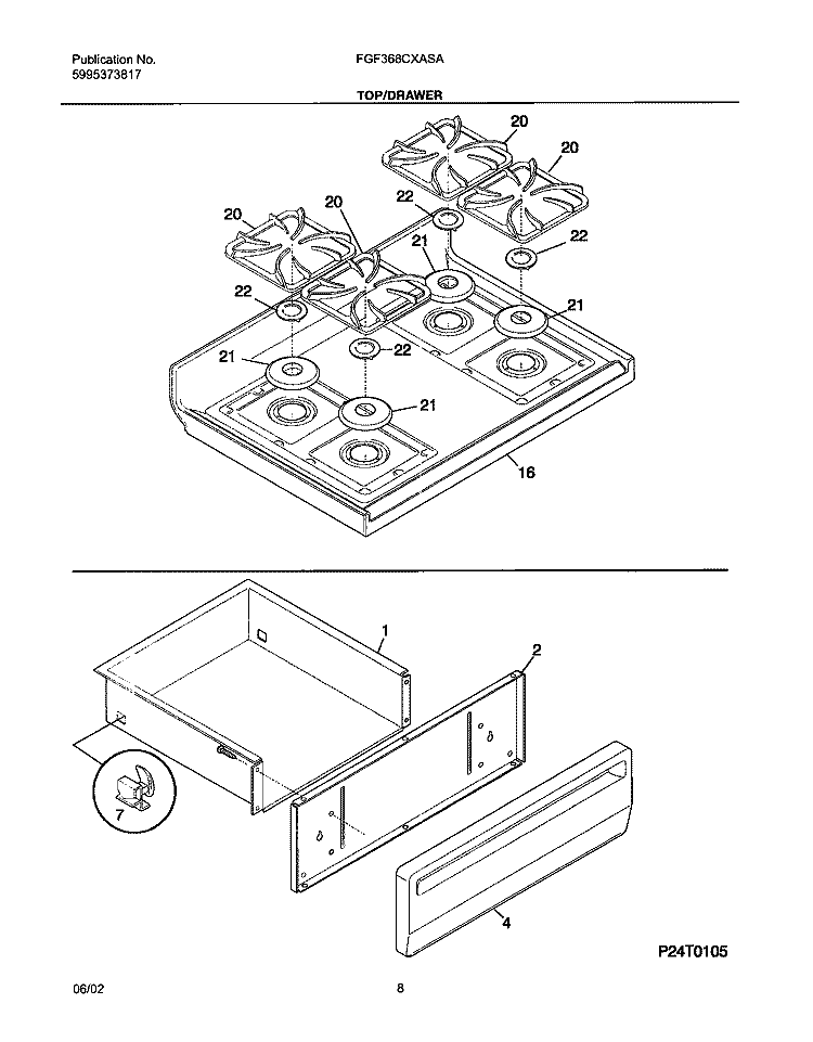 TOP / DRAWER Diagram and Parts List for FGF368CXASA  Frigidaire Range