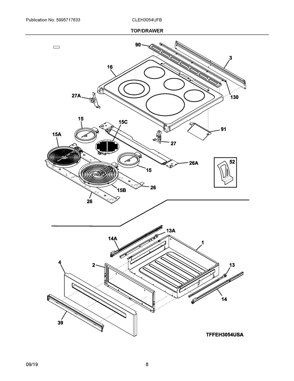 Top/drawer Diagram and Parts List for CLEH3054UFB  Frigidaire Range