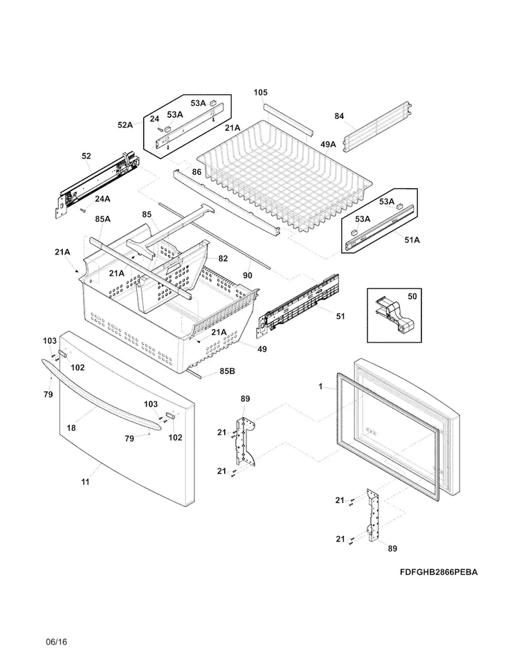 Freezer Drawer, Baskets Diagram and Parts List for LGHB2867PFGA  Frigidaire Refrigerator
