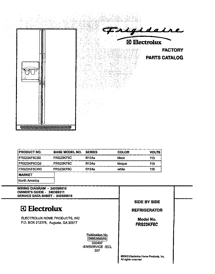 COVER Diagram and Parts List for FRS23KF6CB0  Frigidaire Refrigerator