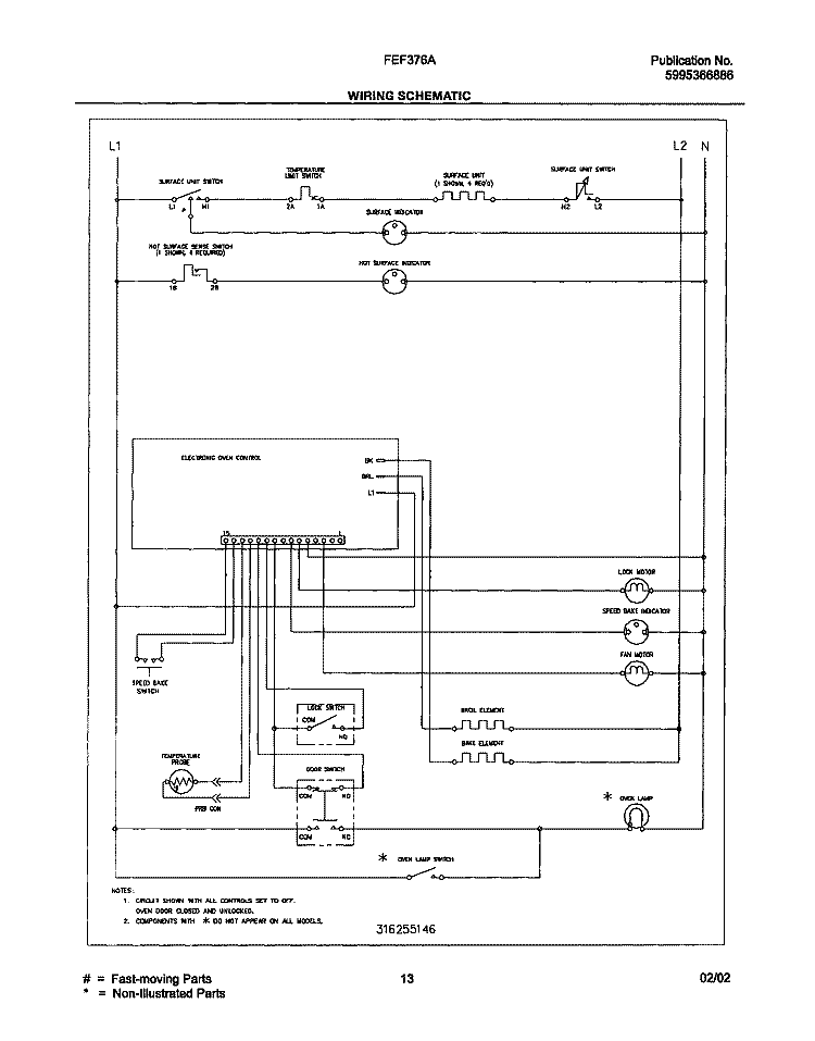 WIRING SCHEAMTIC Diagram and Parts List for FEF376AQF  Frigidaire Range