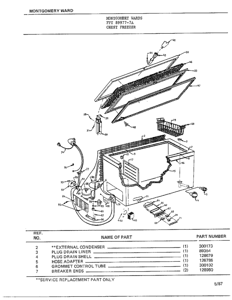 Chest Freezer Diagram and Parts List for 89977-7A  Frigidaire Freezer
