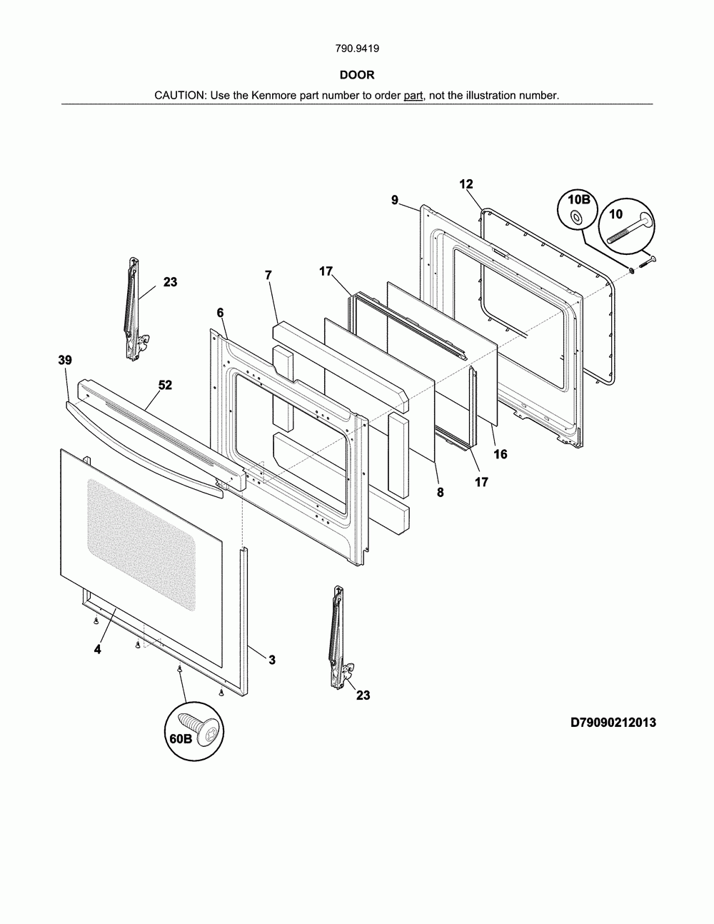 Door Diagram and Parts List for 79094192313  Kenmore Range