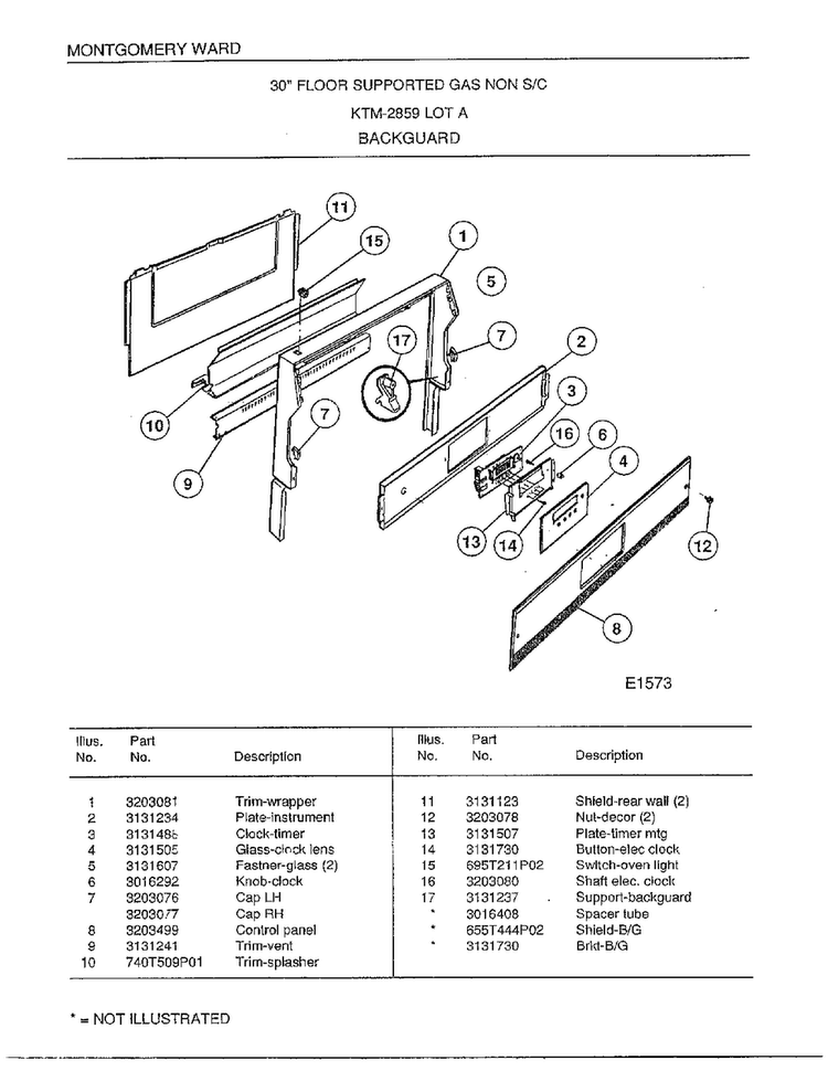 30" Floor Supported Gas /backguard Diagram and Parts List for 2859A  Frigidaire Range