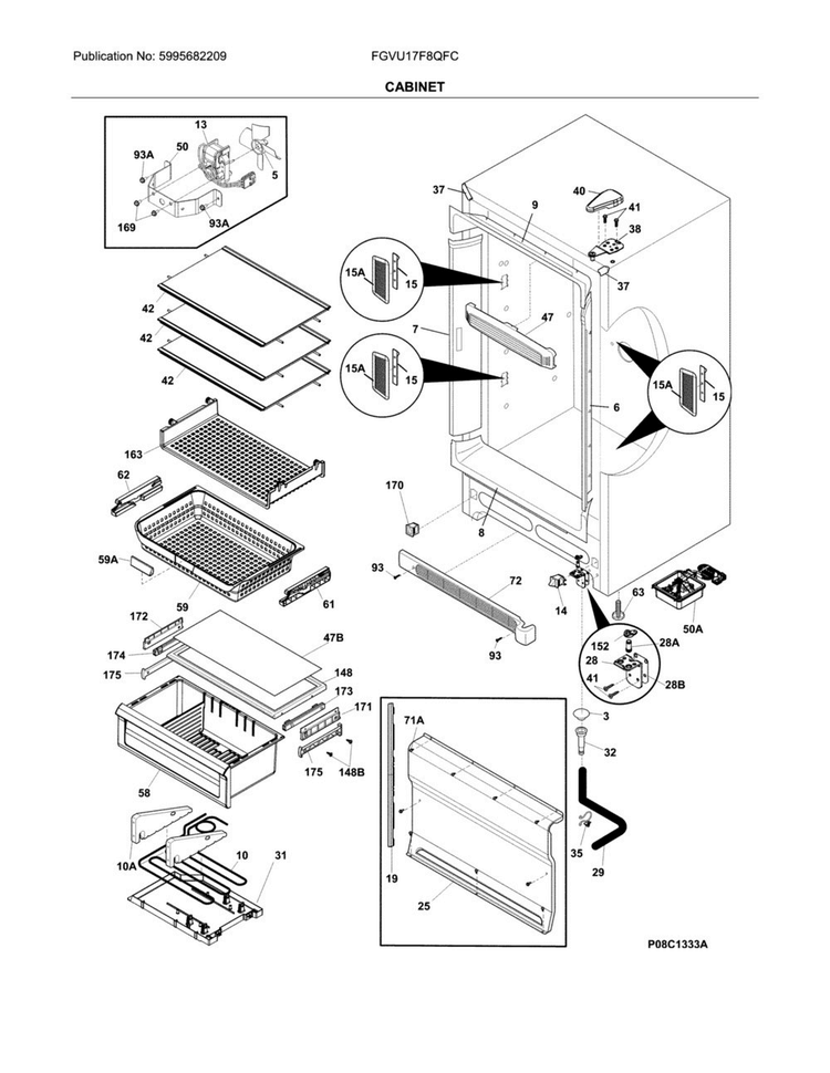 Cabinet Diagram and Parts List for FGVU17F8QFC  Frigidaire Freezer
