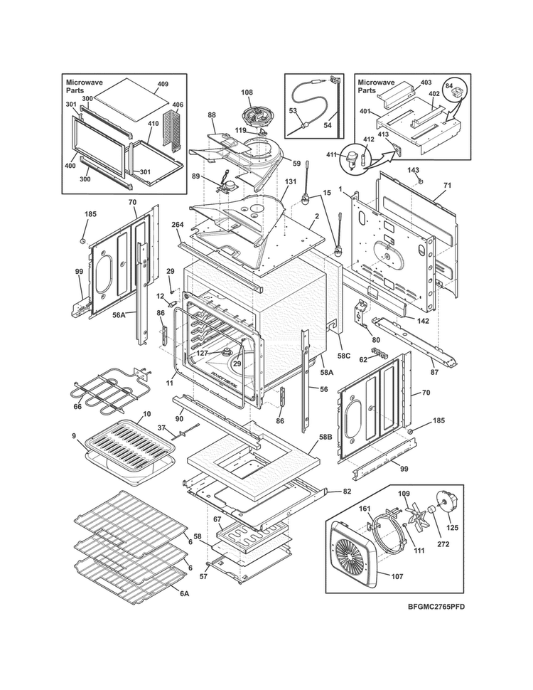 Lower Oven Diagram and Parts List for FGMC2765PFD  Frigidaire Microwave Oven Combo