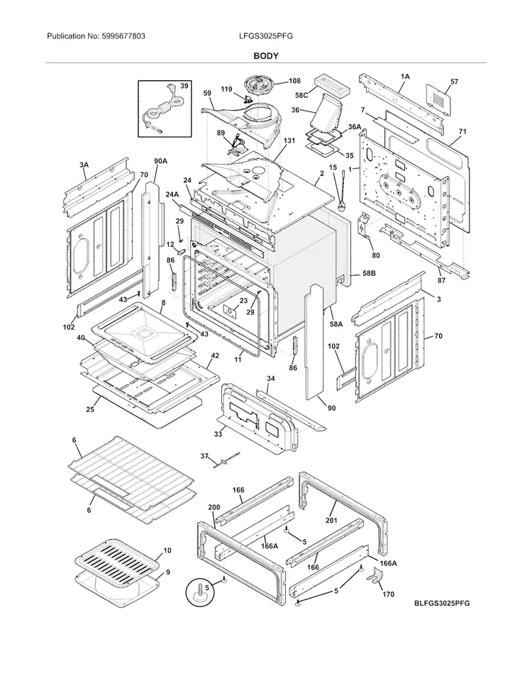 Body Diagram and Parts List for LFGS3025PFG  Frigidaire Range