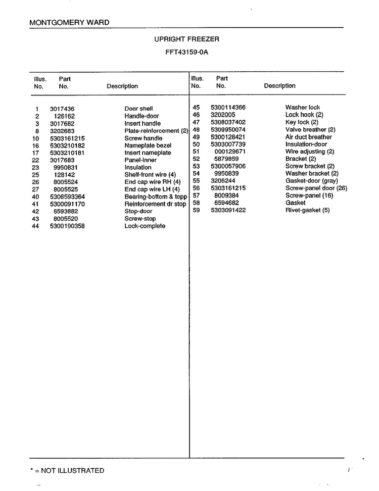 Upright Freezer Page 2 Diagram and Parts List for 43159A  Frigidaire Freezer