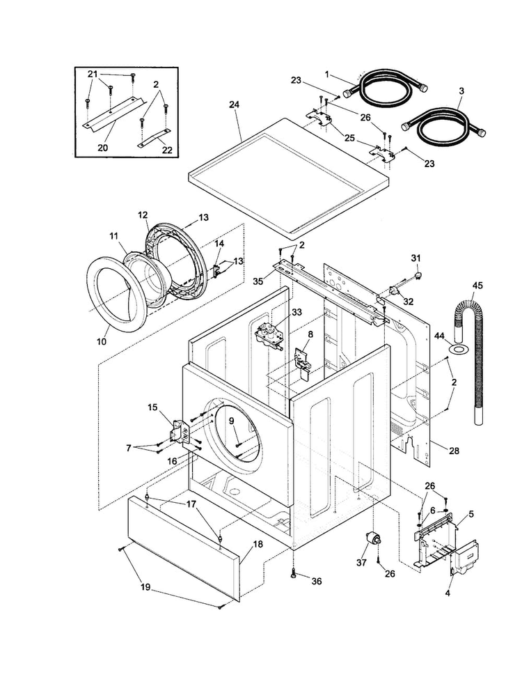 Cabinet, Door And Top Diagram and Parts List for 38712  Frigidaire Washer