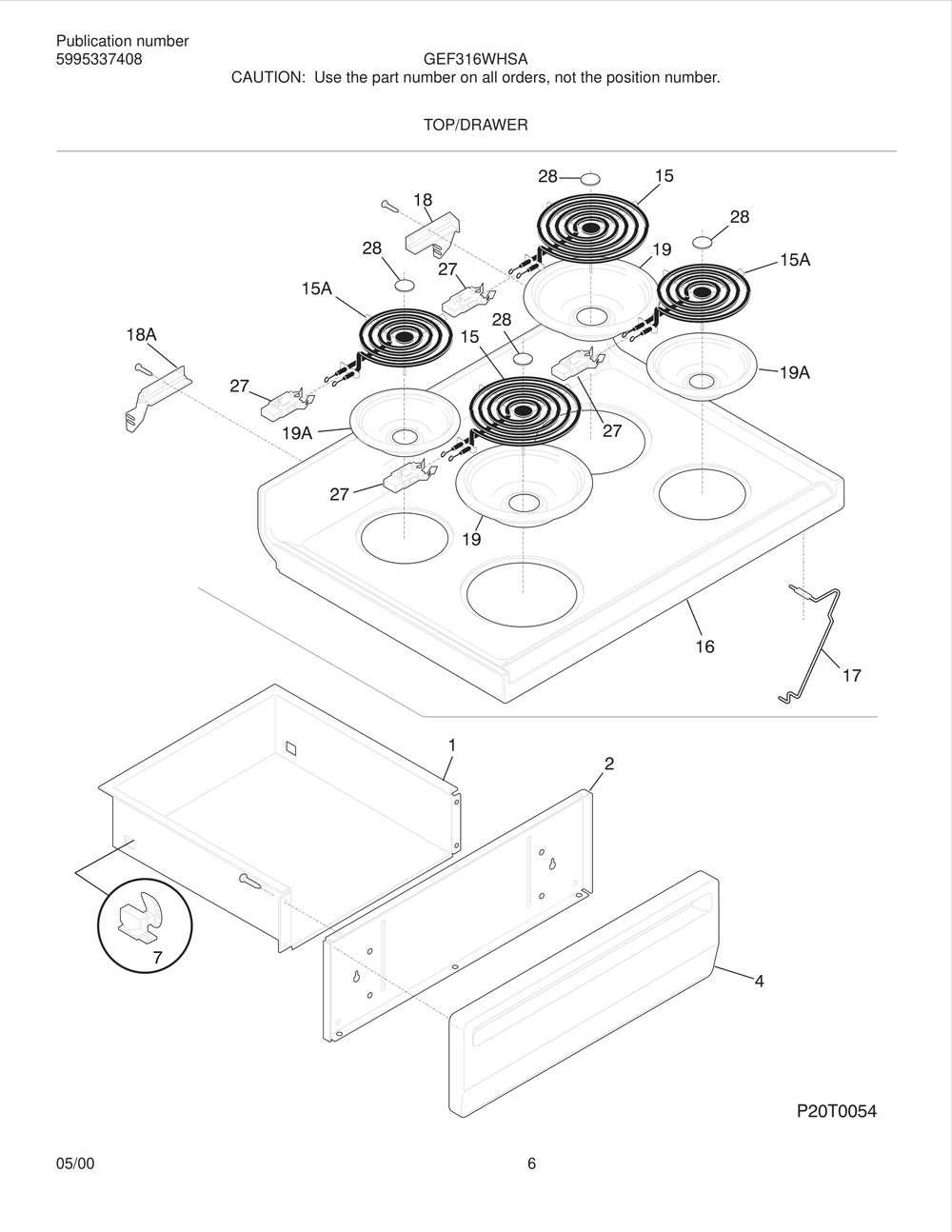 Top/Drawer Diagram and Parts List for GEF316WHSA  Frigidaire Range
