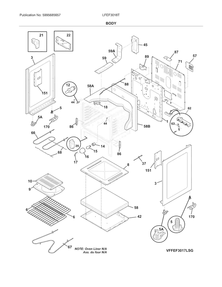 Body Diagram and Parts List for LFEF3018TWA  Frigidaire Range