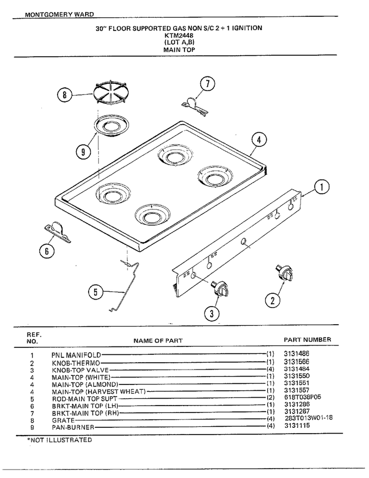 30" Floor Supported Main Top Diagram and Parts List for 2448A  Frigidaire Range