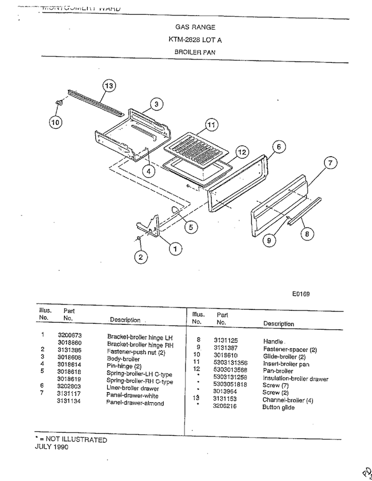 Broiler Pan Diagram and Parts List for 2828A  Frigidaire Range