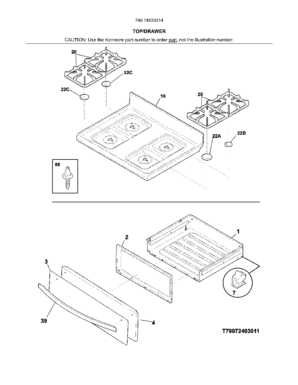 Top/drawer Diagram and Parts List for 79074033314  Kenmore Range