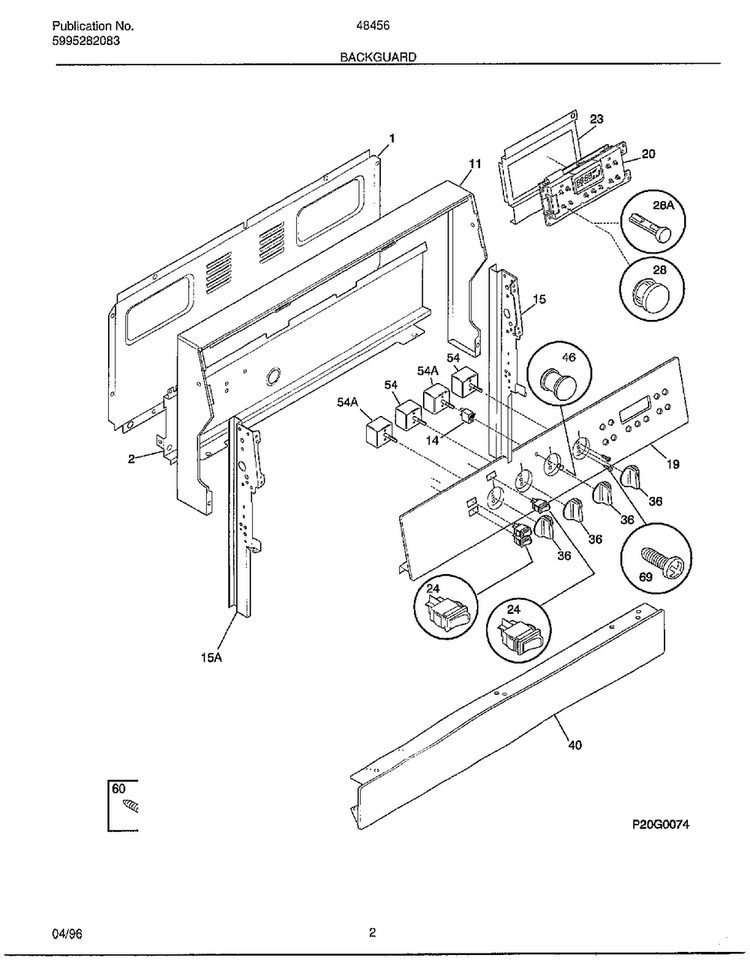 Backguard Diagram and Parts List for 484560A  Frigidaire Range