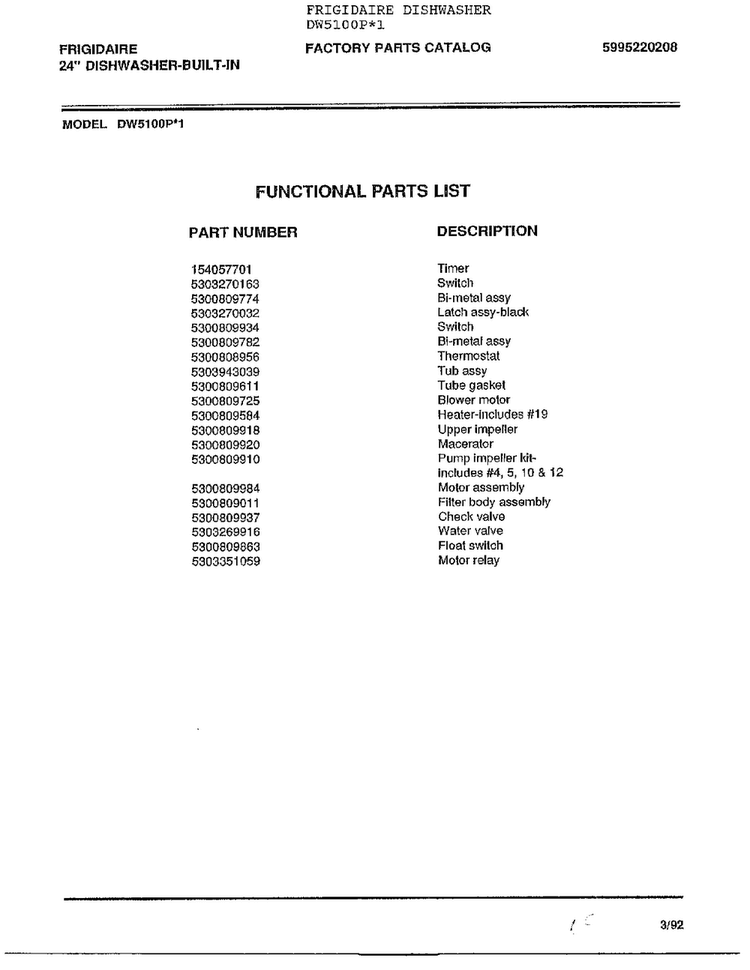 Functional Parts List Diagram and Parts List for DW5100P*1  Frigidaire Dishwasher