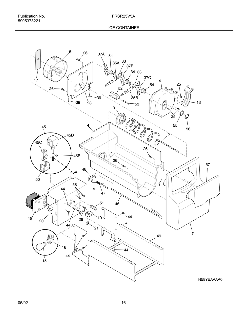 Ice Container Diagram and Parts List for FRSR25V5AQ1  Frigidaire Refrigerator