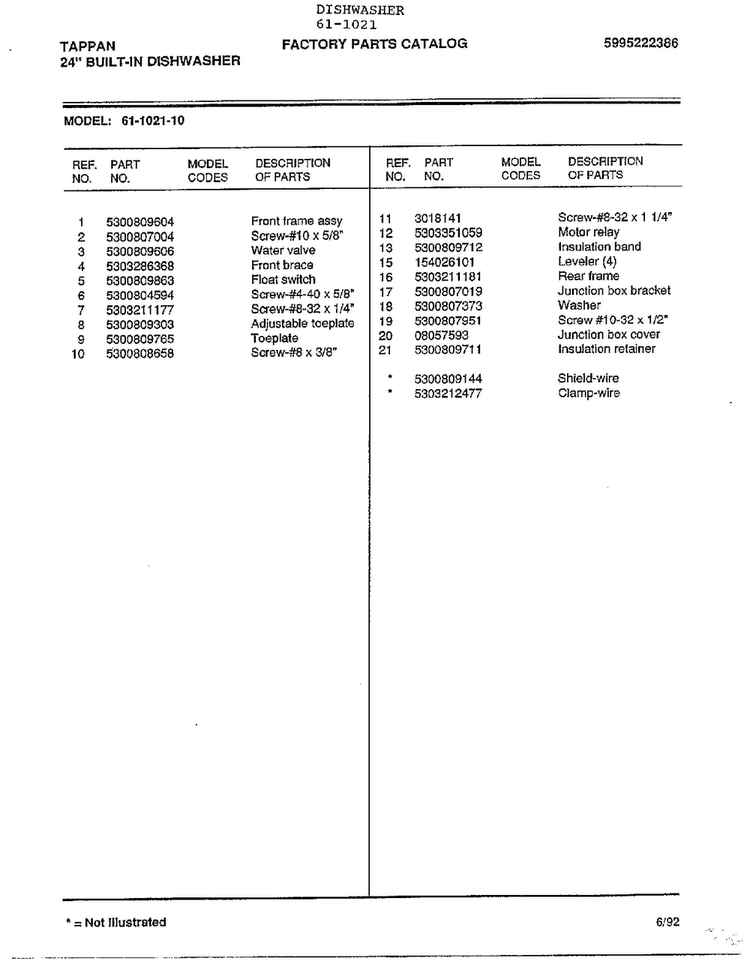 24" Built-in Dishwasher Page 10 Diagram and Parts List for 61-1021  Tappan Dishwasher