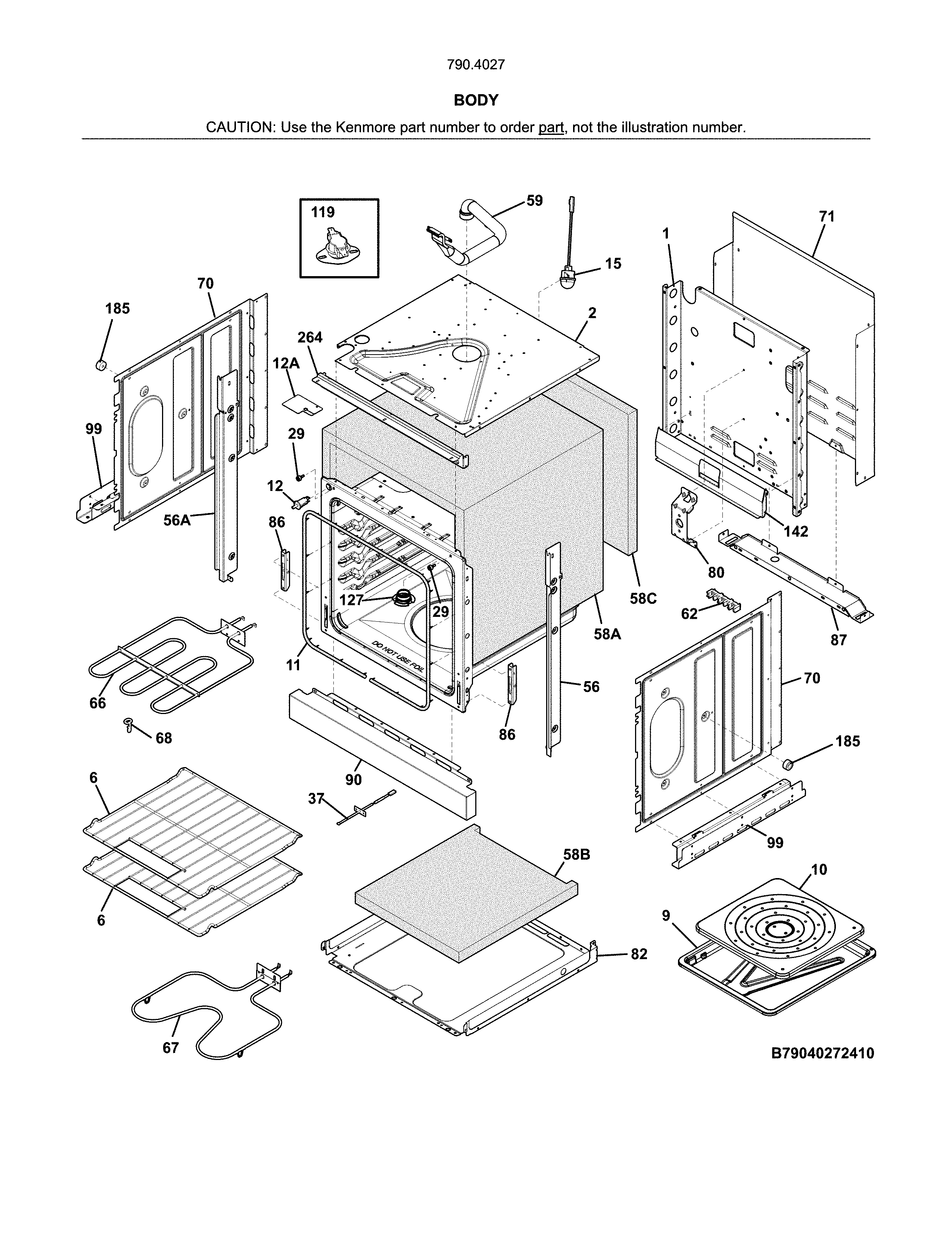 Body Diagram and Parts List for 79040279411  Kenmore Wall Oven