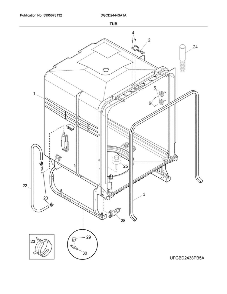 Tub Diagram and Parts List for DGCD2444SA1A  Frigidaire Dishwasher