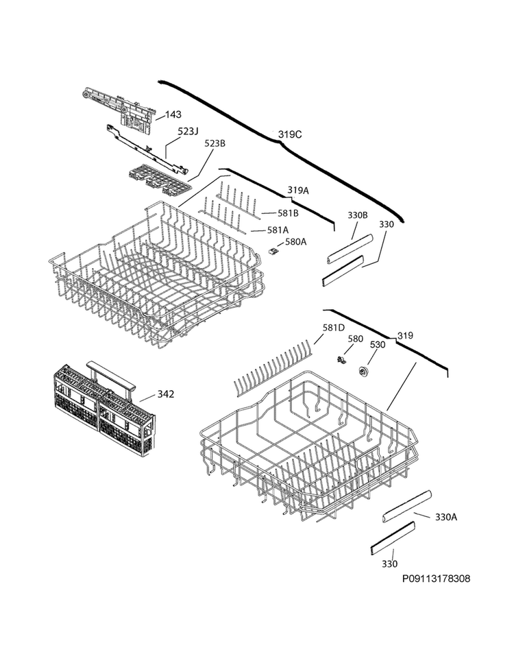 Racks Diagram and Parts List for EI24ID30QW3B  Electrolux Dishwasher