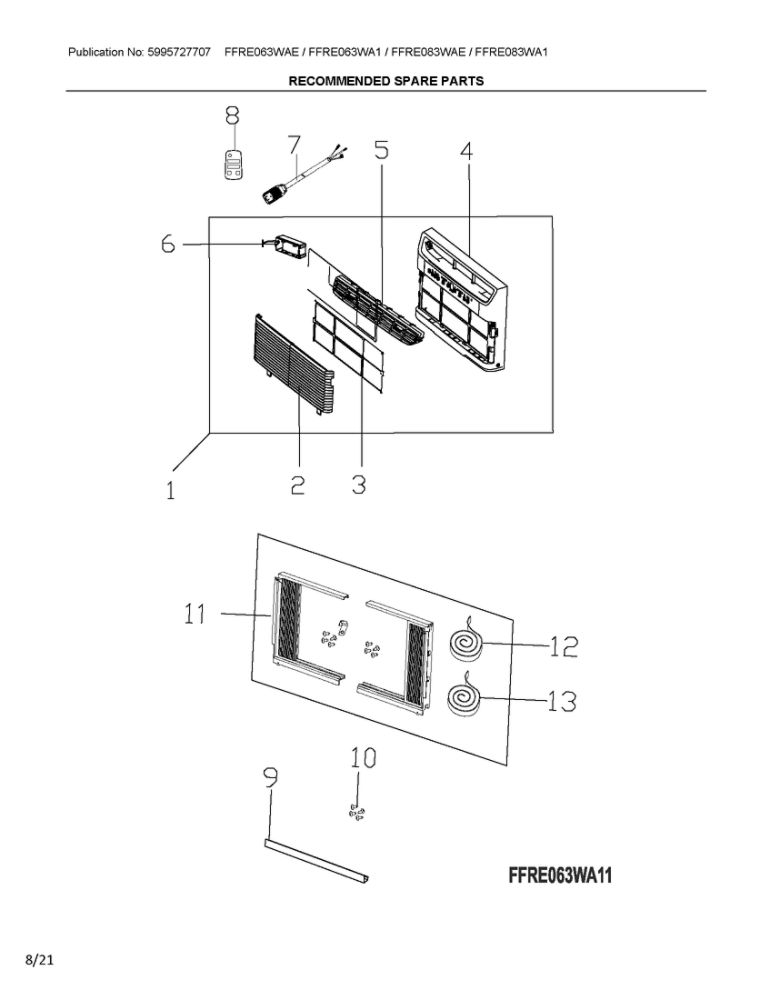 Spare Diagram and Parts List for FFRE083WA11  Frigidaire Air Conditioner