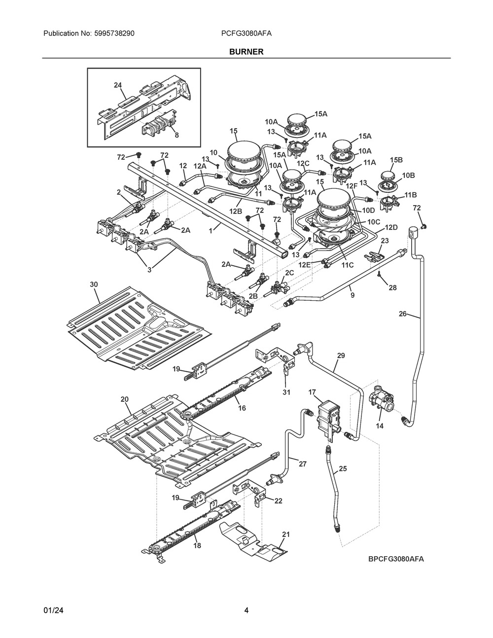 Burner Diagram and Parts List for PCFG3080AFA  Frigidaire Range