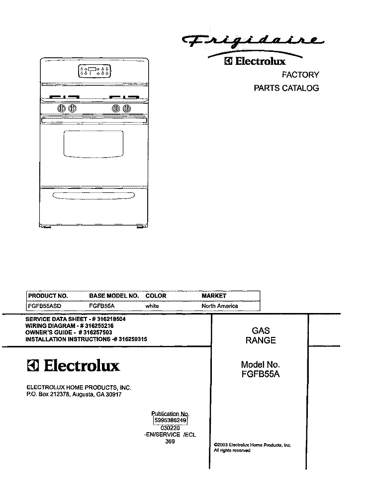 COVER Diagram and Parts List for FGFB55ASD  Frigidaire Range