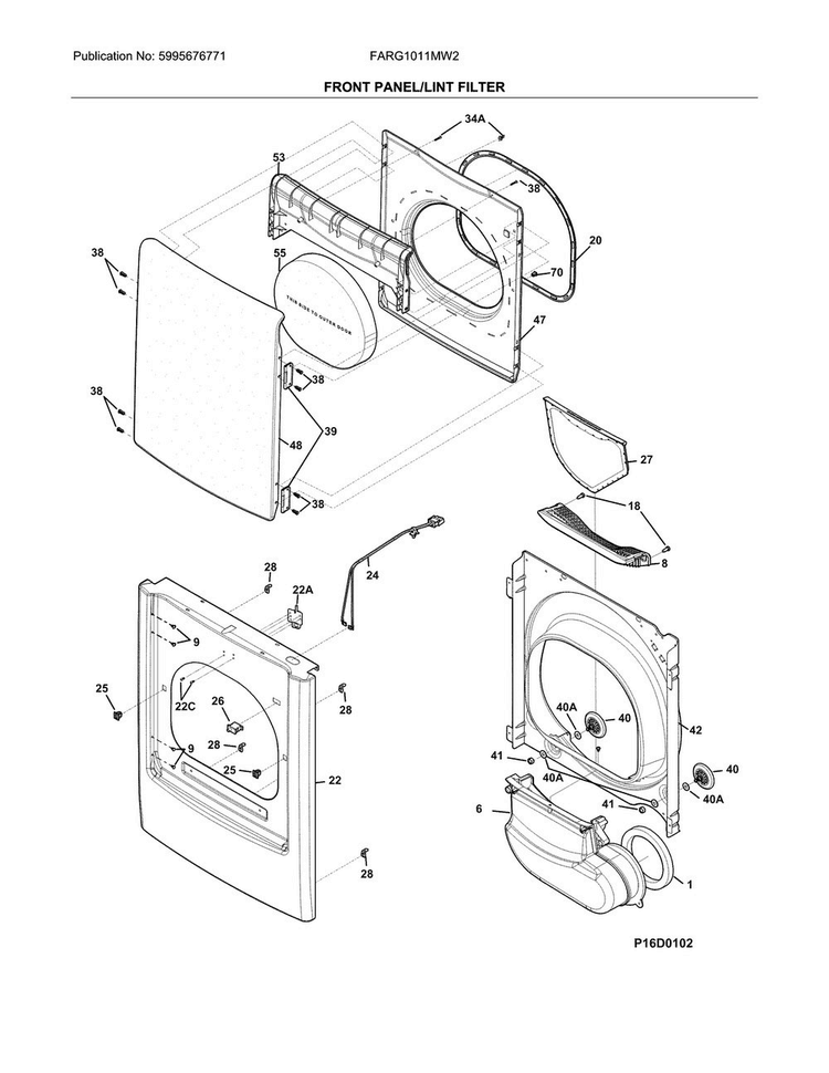 Front Panel/lint Filter Diagram and Parts List for FARG1011MW2  Frigidaire Dryer