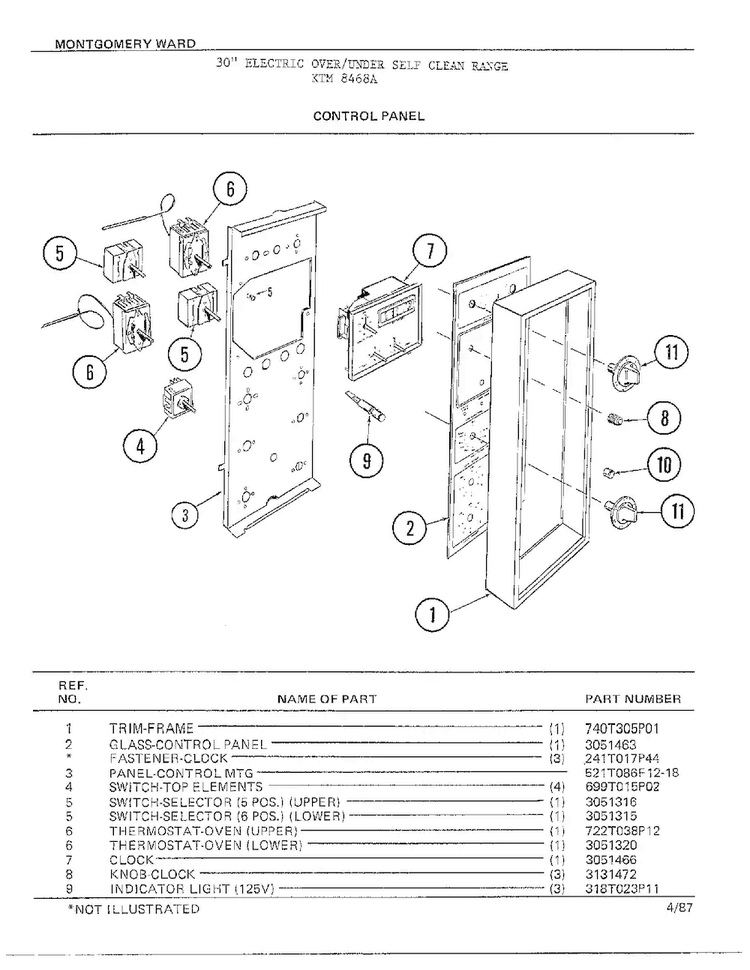 Control Panel Diagram and Parts List for 8468A  Frigidaire Range