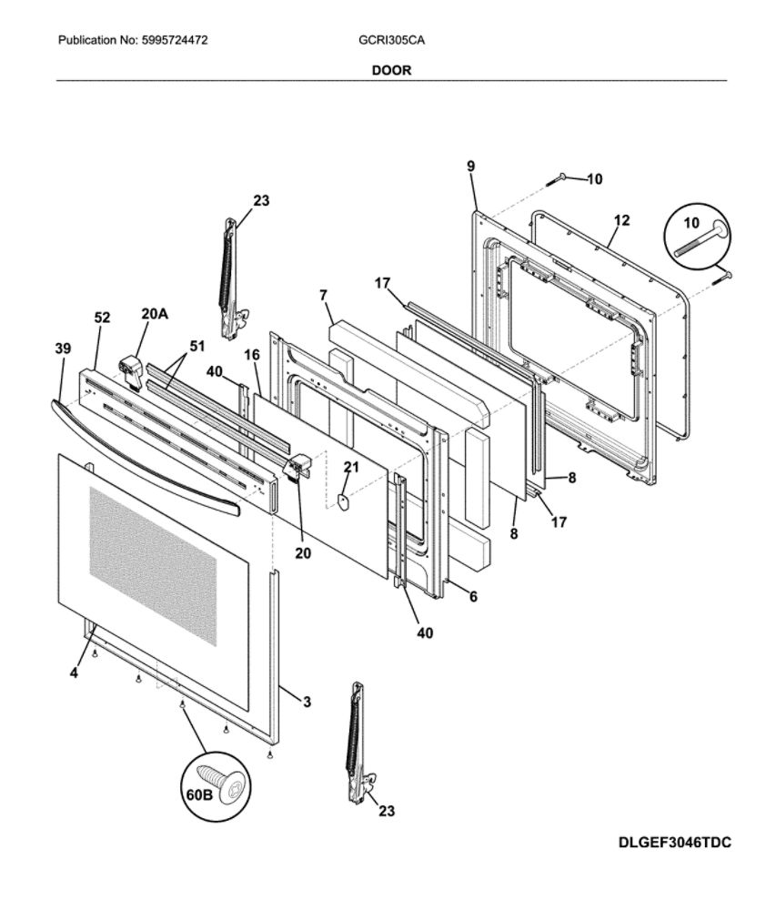 Door Diagram and Parts List for GCRI305CADC  Frigidaire Range