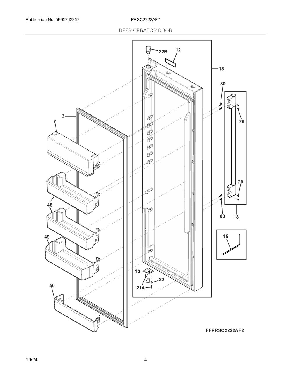 Refrigerator Door Diagram and Parts List for PRSC2222AF7  Frigidaire Refrigerator
