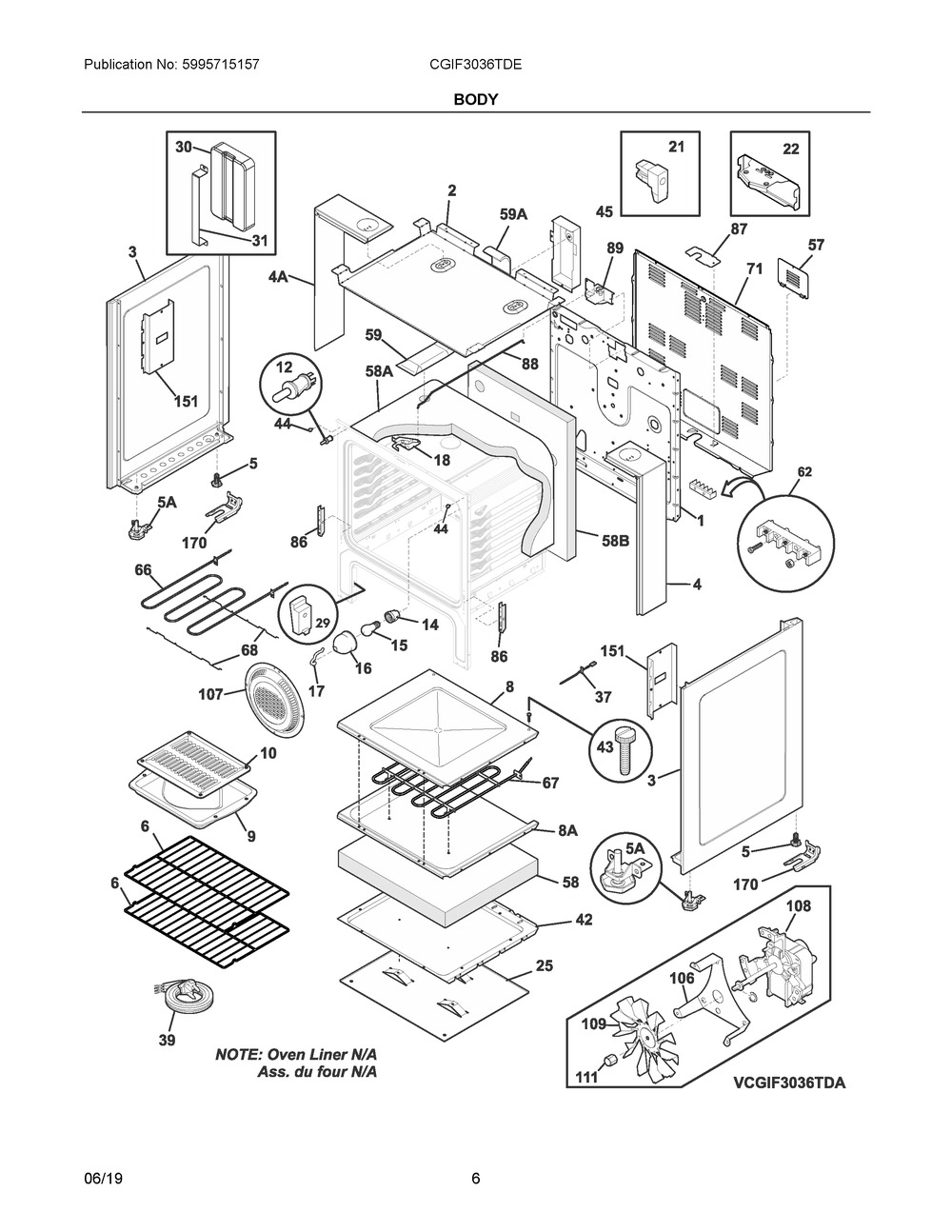 Body Diagram and Parts List for CGIF3036TDE  Frigidaire Range