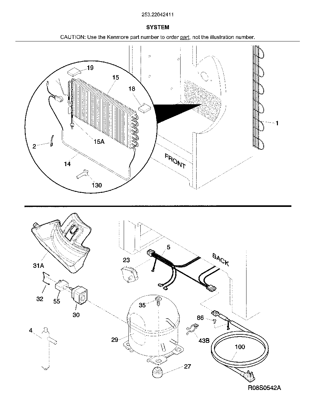 System Diagram and Parts List for 25322042411  Kenmore Freezer